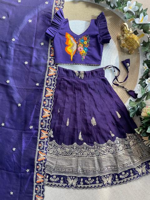 Butterfly Buff Lehengha-Choli Dupatta Vichitra Silk Purple Cheap kids wear supplier in Kolkata - wholesale export